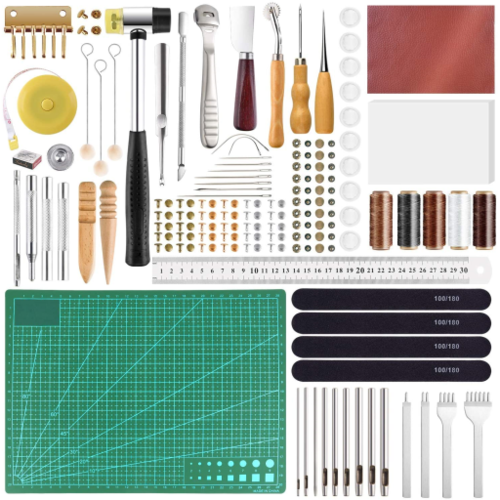 243Pcs Leather Working Tools and Supplies with Instruction, Leather  Stamping Tools, Snaps and Fasteners Kit, Waxed Thread Cord, Cutting Mat,  Leather Tooling Starter Kit for DIY Leather Craft