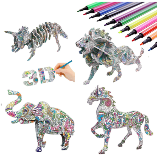  KAZOKU 3D Coloring Puzzle Set,4 Animals Puzzles with 12 Pen  Markers, Art Coloring Painting 3D Puzzle for Kids Age 7 8 9 10 11 12. Fun  Creative DIY Toys Gift for